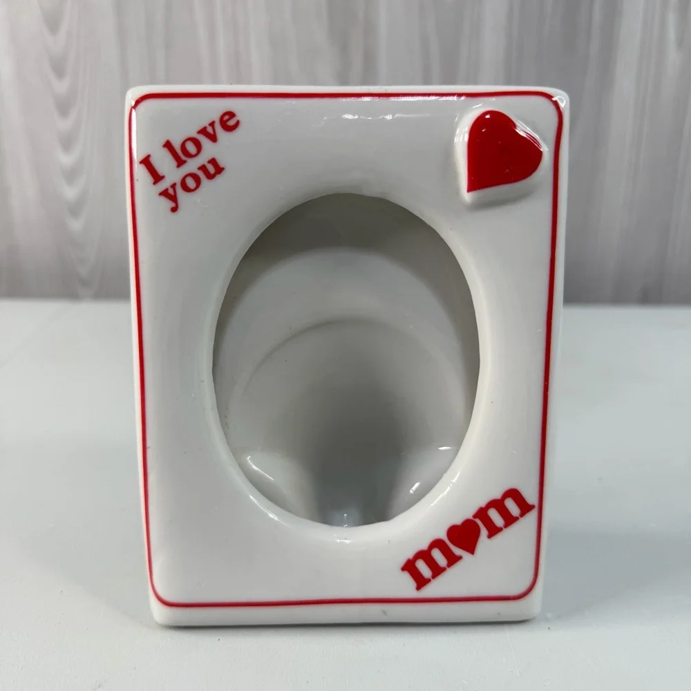 I Love You Mom” Picture Frame Red Heart Oval‎ Photo Holder Vintage Ceramic 5